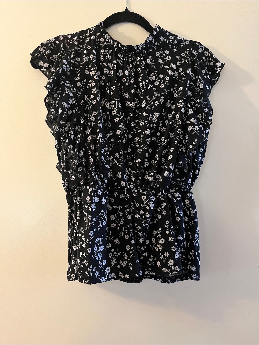 Smocked Neck Black Floral Ruffle Blouse